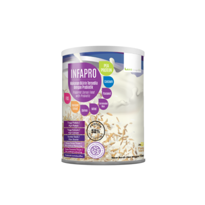 Front view of Infapro probiotic cereal can with bold purple Infapro logo and colorful ingredient bubbles (pea protein, calcium, flaxseed) on a white background, highlighting high protein and probiotic benefits.
