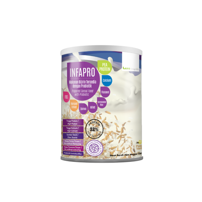 Front view of Infapro probiotic cereal can with bold purple Infapro logo and colorful ingredient bubbles (pea protein, calcium, flaxseed) on a white background, highlighting high protein and probiotic benefits.