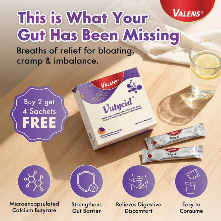 Advertisement for Valens Vutycid; box and two sachets on a wooden table, promo text 'Buy 2 get 4 FREE' and four circular benefit icons at the bottom.
