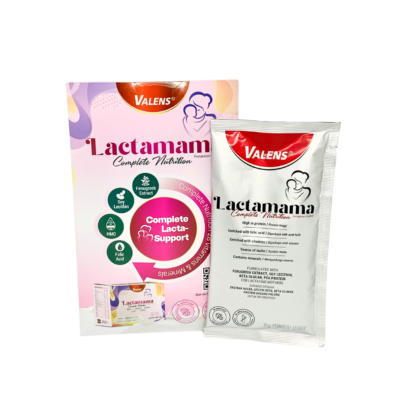 Lactation supplement box and foil sachet labeled Valens Lactamama, pink packaging with baby graphic and nutrition icons