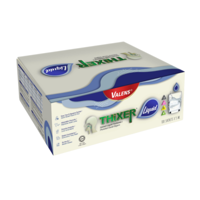 Thixerclear liquid 3 - Pharm-Dx Malaysia Valens Thixer instant liquid thickener box with blue wave graphics and 100 sachets (5 ml each).