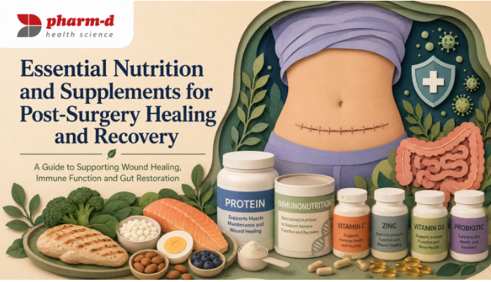 Promotional banner about nutrition for post-surgery healing with a stitched abdomen, logo, and bottles of protein, immunonutrition, vitamins, minerals, and probiotics.