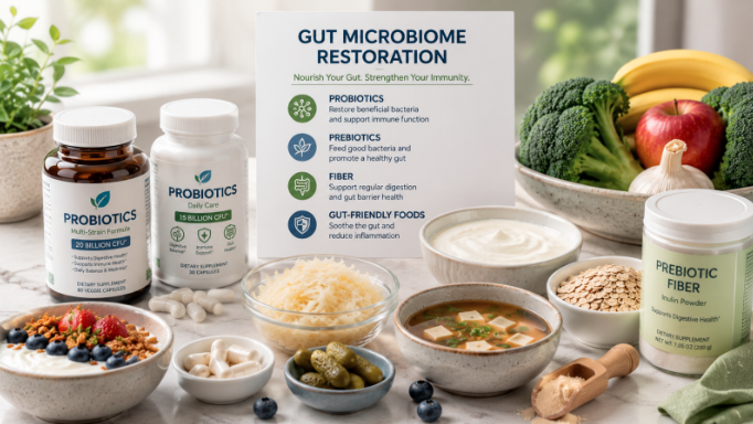 Assortment of gut health products and healthy foods: probiotic bottles, prebiotic powder, fiber supplement, bowls of oats and yogurt, berries and vegetables, with a sign reading 'Gut Microbiome Restoration'.