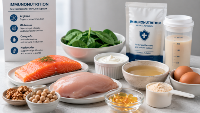 Assorted immunonutrition ingredients on a kitchen counter: salmon, chicken breast, eggs, spinach, nuts, bowls, and supplements.