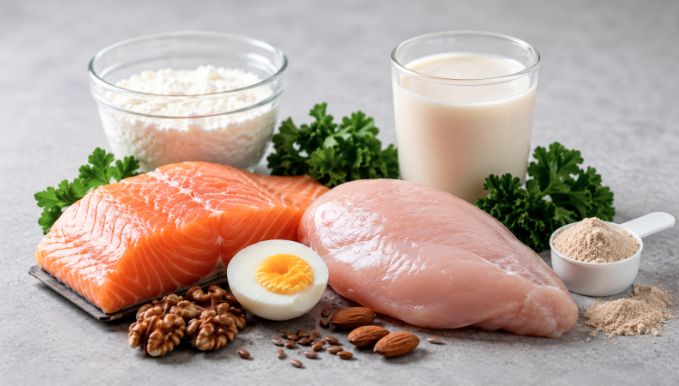 Assortment of raw protein ingredients: salmon fillet, chicken breast, halved egg, walnuts, almonds, seeds, milk, parsley on a gray surface.