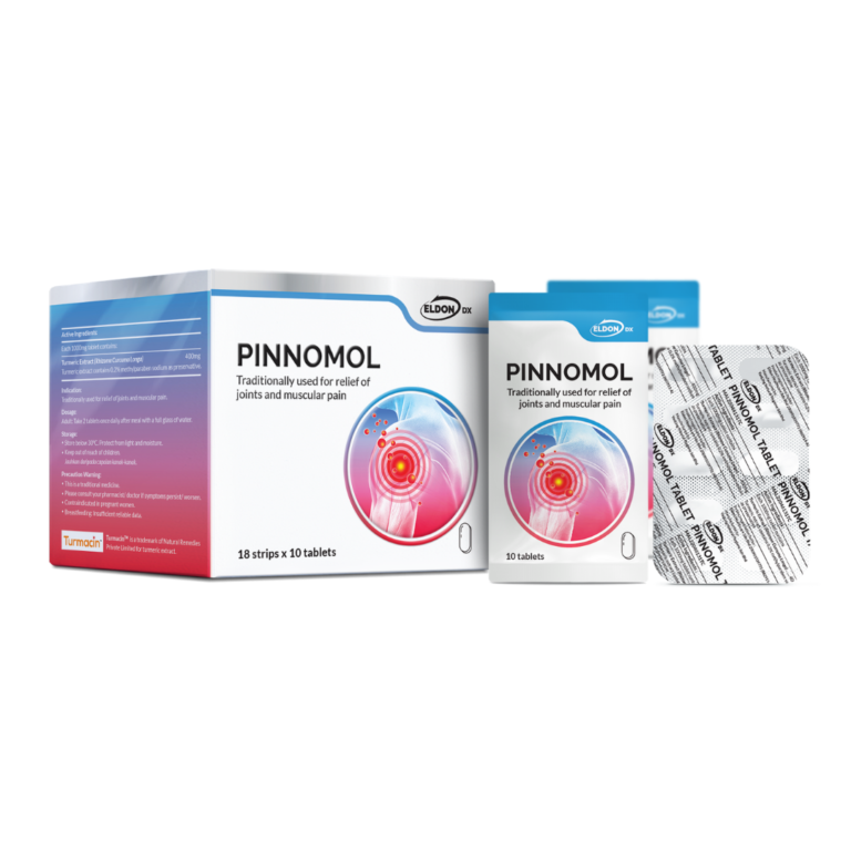Box and blister packs of Pinnomol tablets for relief of joints and muscular pain, featuring a circular graphic on the front.