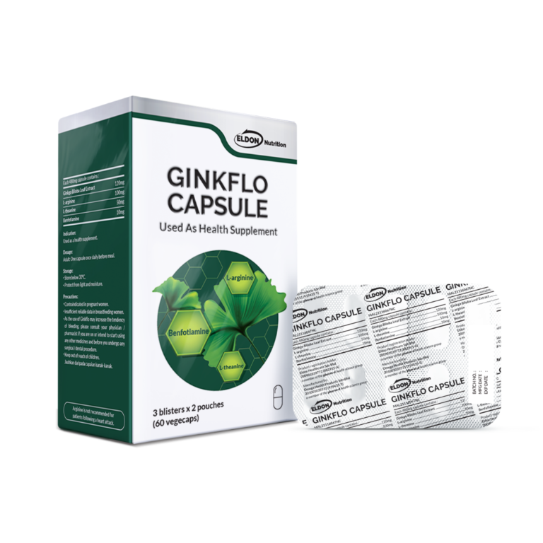 GINKFLO CAPSULE health supplement box with green leaf graphic and blister pack beside it