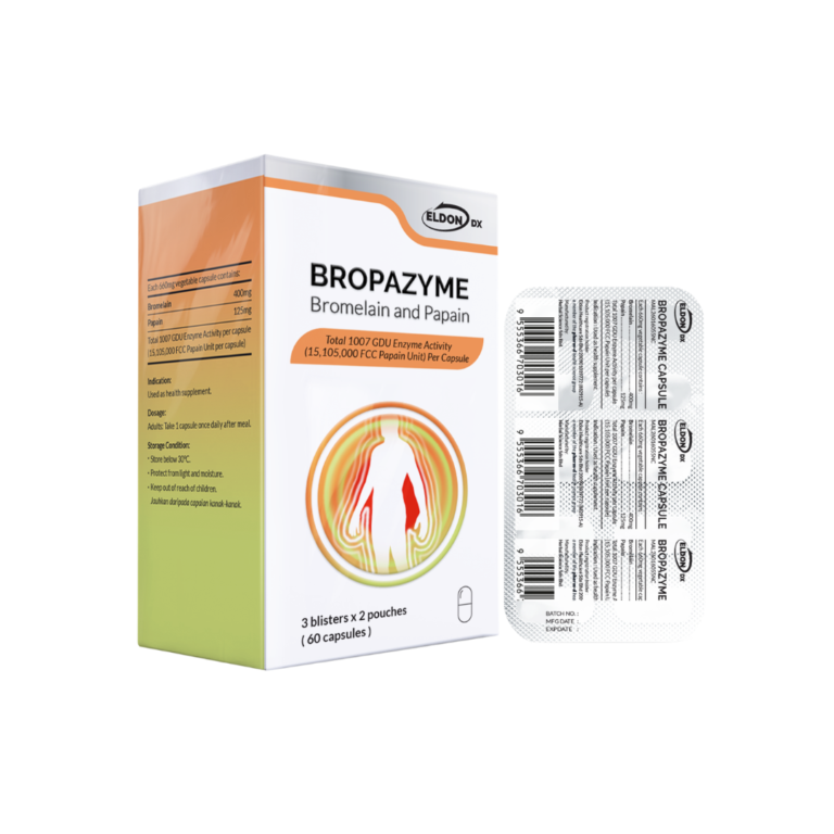 Box of Bropazyme bromelain and papain capsules with a blister pack beside it on a white background.
