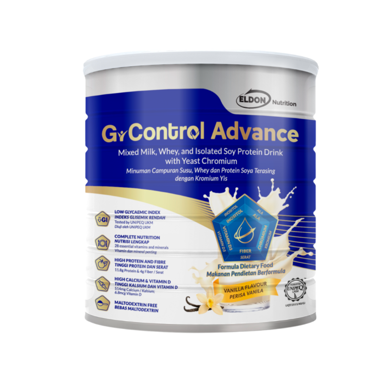 Container of Eldon Nutrition Gy-Control Advance protein drink, vanilla flavor, with milk, whey, soy protein and yeast chromium (protein supplement)