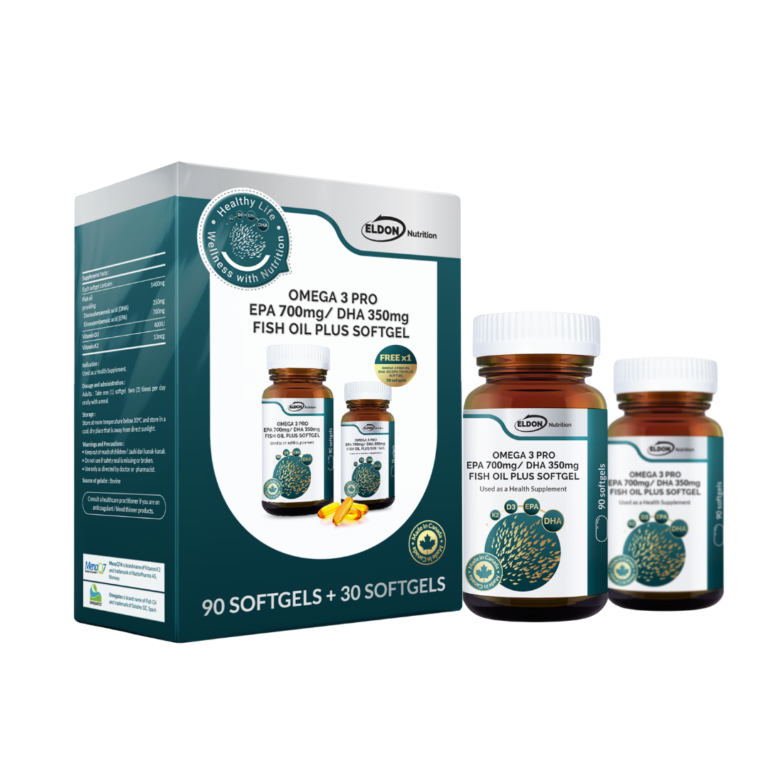 Box of Eldon Omega 3 Pro fish oil softgels with two bottles displayed beside it for a complete supplement set