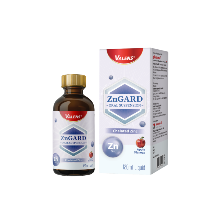 ZnGARD chelated zinc oral suspension bottle beside its Valens box, apple-flavor, 120 mL liquid.