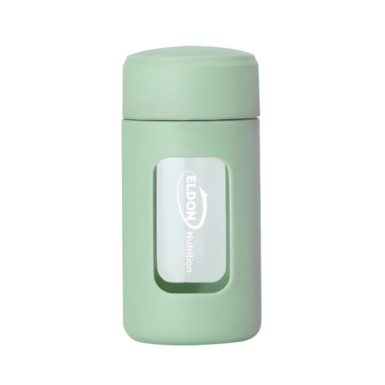 Mint green insulated bottle with a clear viewing window showing branding text.