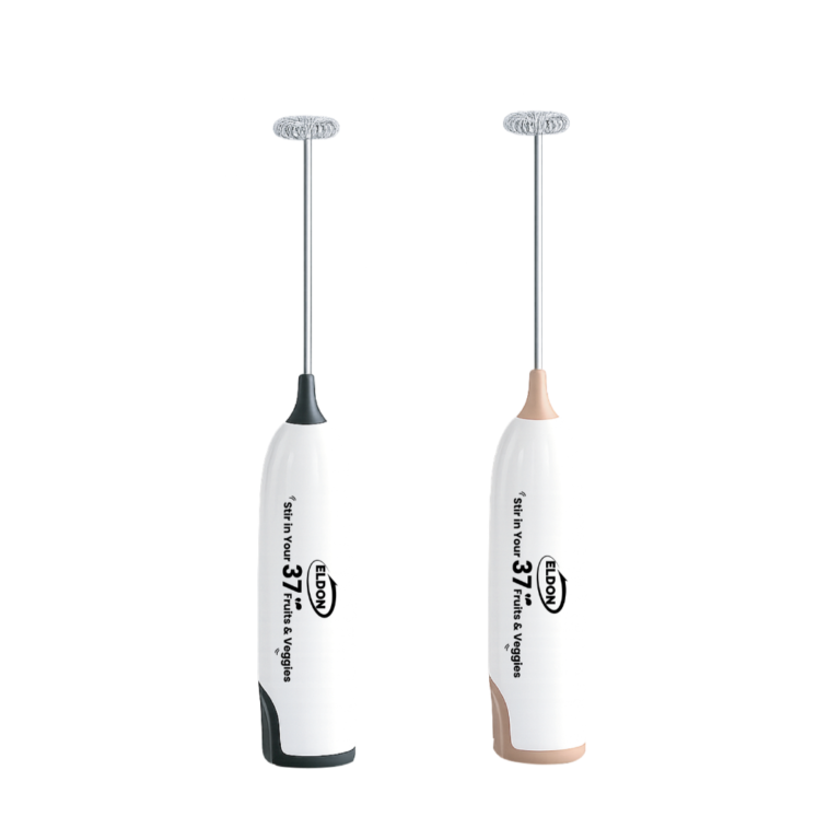 Two handheld electric whisks with round wire heads, standing upright; white bodies with dark gray and rose-gold bases respectively.