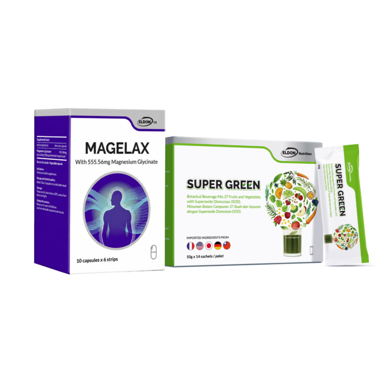 Boxed supplement labeled MAGELAX with 555.56 mg Magnesium Glycinate and a silhouette graphic; beside it a green-and-white SUPER GREEN kit and a small sachet/packet.