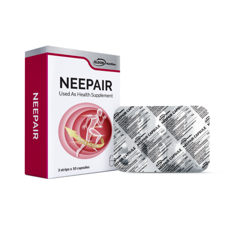 Box of NEEPAIR health supplement with red side panel and a blister pack of capsules beside it