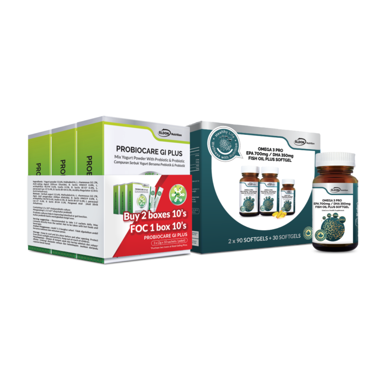 Bundle of health supplement boxes and bottles: Probiocare GI Plus boxes with a Fisher image, and Omega 3 Pro fish oil bottles and softgels box
