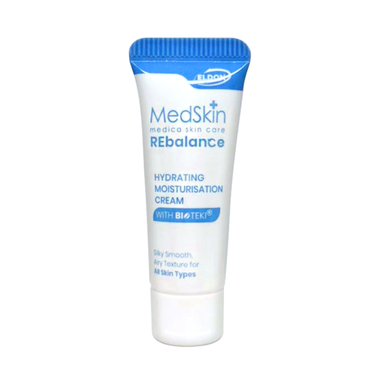 Tube of MedSkin REbalance hydrating moisturiser cream on white background, blue and white packaging