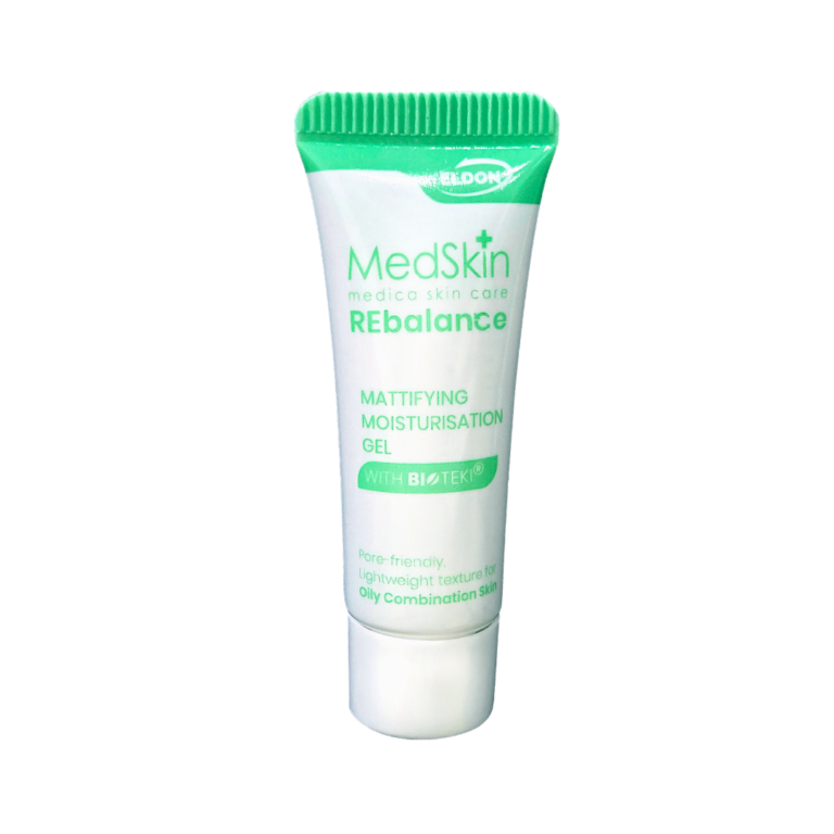 MedSkin Rebalance mattifying moisturising gel for oily skin in a white tube with a green cap (product packaging)