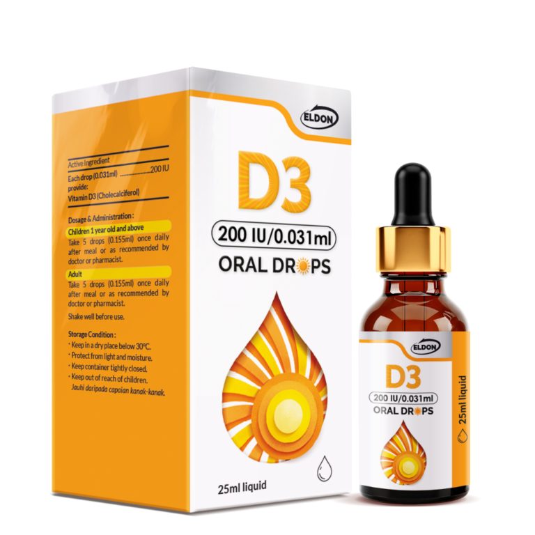 Vitamin D3 oral drops packaging and bottle (Eldon brand), 25 ml, orange and white design with sunburst logo; supports vitamin D intake.