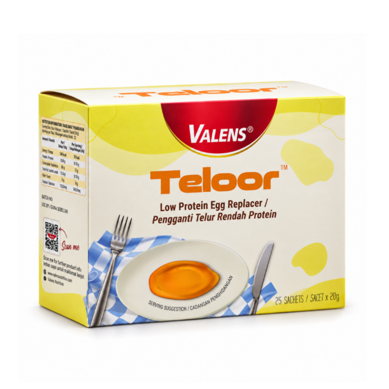 Valens Teloor low protein egg replacer box on a white background, showing a fried egg on a plate.