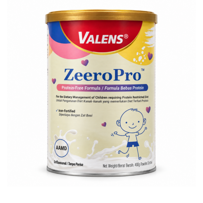 Canister of Valens ZeeroPro protein-free formula for children, with a blue cartoon baby and pastel milk splash design on the label, net weight 400g.